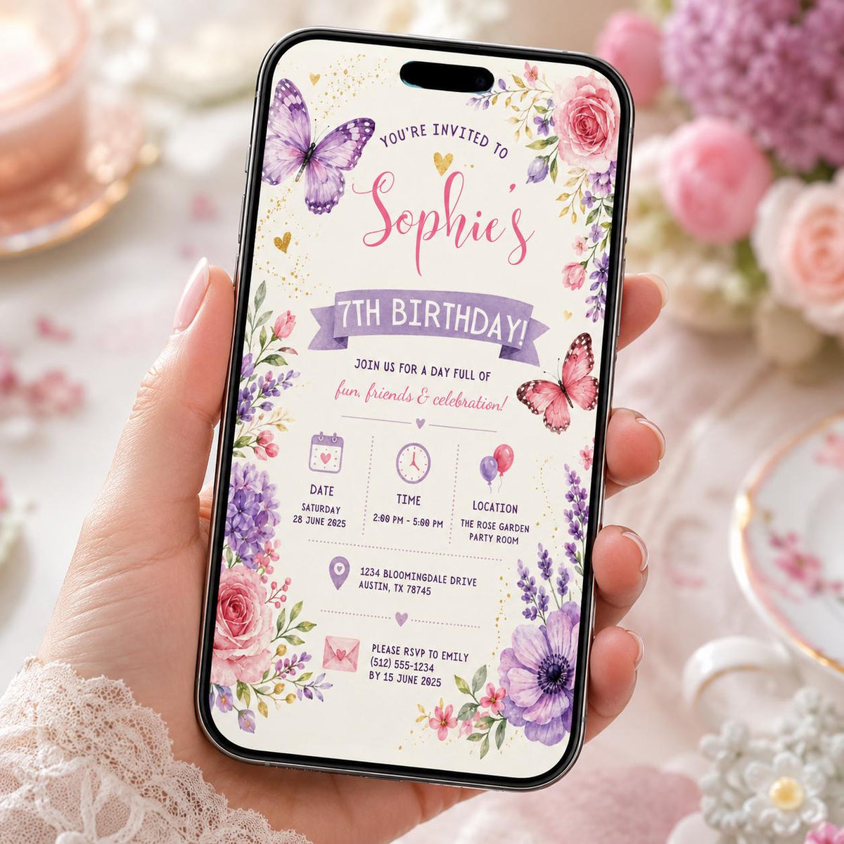 Editable Butterfly Birthday Invitation Canva Template, Pink Purple Pastel Floral Kids Cute Fun DIY Party Invite, Printable Digital Download.