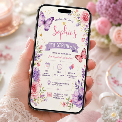 Editable Butterfly Birthday Invitation Canva Template, Pink Purple Pastel Floral Kids Cute Fun DIY Party Invite, Printable Digital Download.