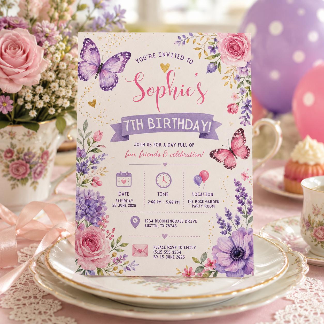 Editable Butterfly Birthday Invitation Canva Template, Pink Purple Pastel Floral Kids Cute Fun DIY Party Invite, Printable Digital Download.