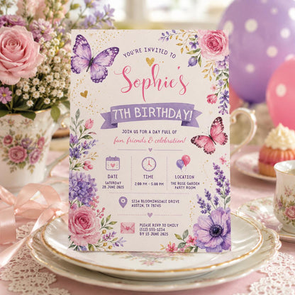 Editable Butterfly Birthday Invitation Canva Template, Pink Purple Pastel Floral Kids Cute Fun DIY Party Invite, Printable Digital Download.