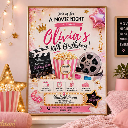 Editable Sleepover Birthday Invitation Canva Template, Pink Girls Kids Cute Modern Fun Instant DIY Party Invite, Printable Digital Download.