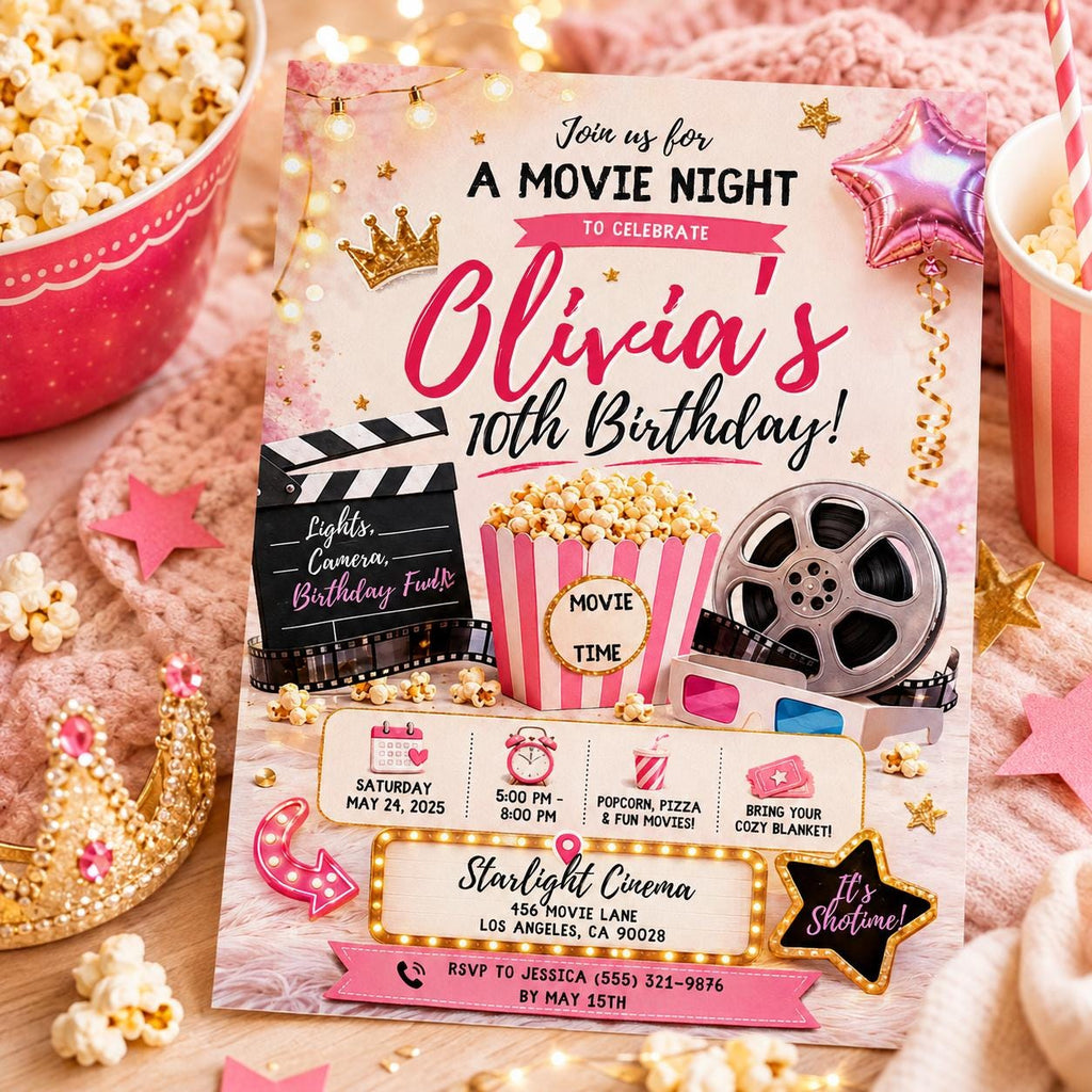 Editable Sleepover Birthday Invitation Canva Template, Pink Girls Kids Cute Modern Fun Instant DIY Party Invite, Printable Digital Download.