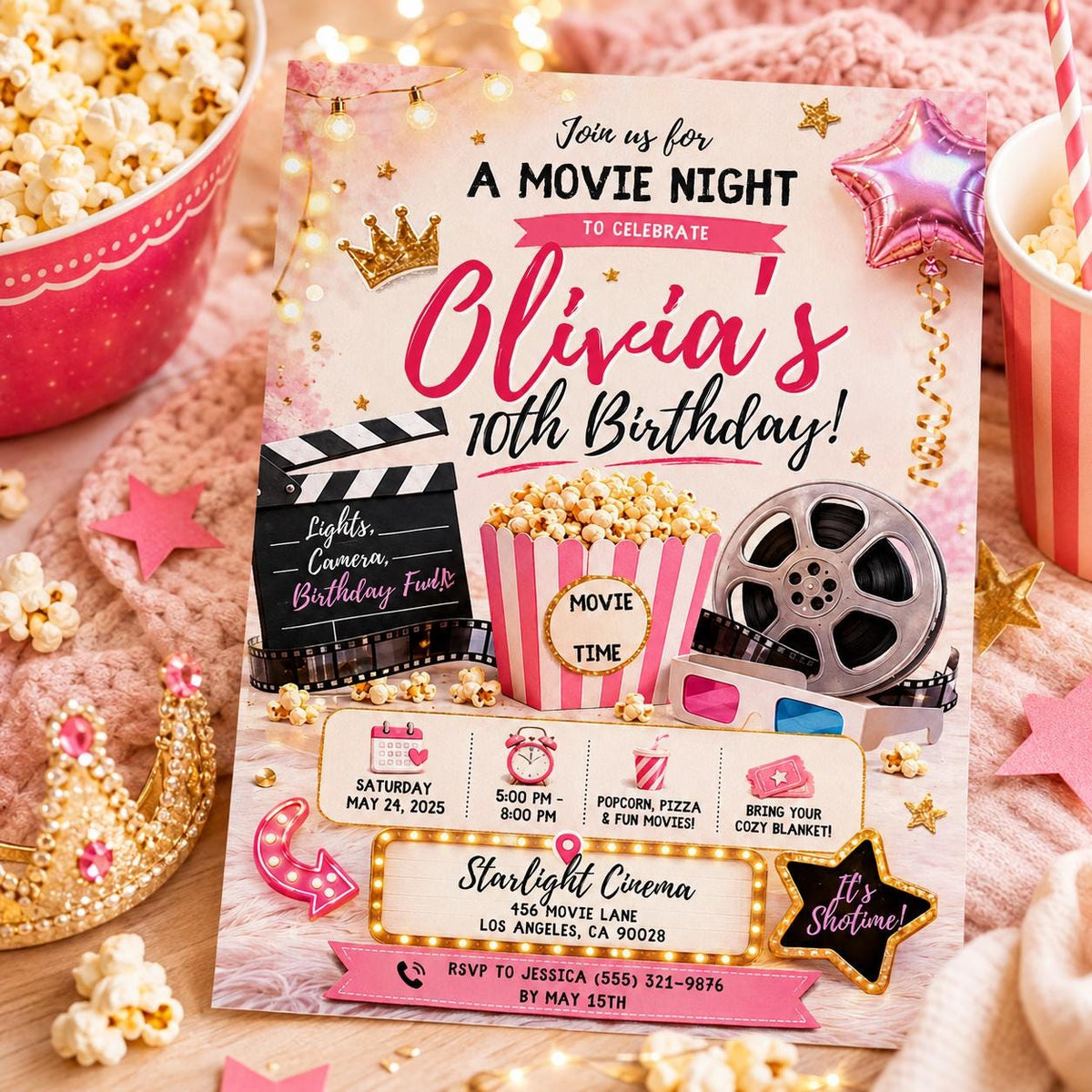 Editable Sleepover Birthday Invitation Canva Template, Pink Girls Kids Cute Modern Fun Instant DIY Party Invite, Printable Digital Download.