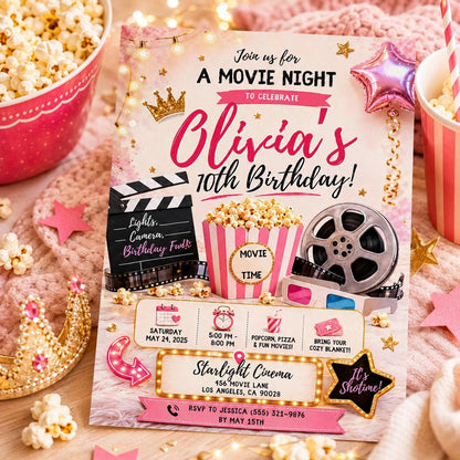 Editable Sleepover Birthday Invitation Canva Template, Pink Girls Kids Cute Modern Fun Instant DIY Party Invite, Printable Digital Download.