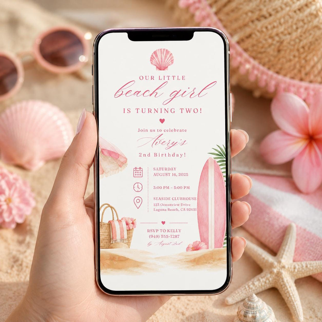 Editable Beach Baby Shower Invitation Canva Template, Pink Girls Kids Beach Cute Fun DIY Chic Teen Party Invite, Printable Digital Download.