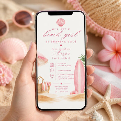 Editable Beach Baby Shower Invitation Canva Template, Pink Girls Kids Beach Cute Fun DIY Chic Teen Party Invite, Printable Digital Download.