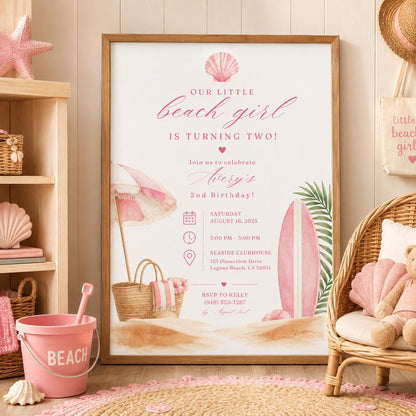 Editable Beach Baby Shower Invitation Canva Template, Pink Girls Kids Beach Cute Fun DIY Chic Teen Party Invite, Printable Digital Download.