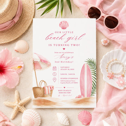 Editable Beach Baby Shower Invitation Canva Template, Pink Girls Kids Beach Cute Fun DIY Chic Teen Party Invite, Printable Digital Download.
