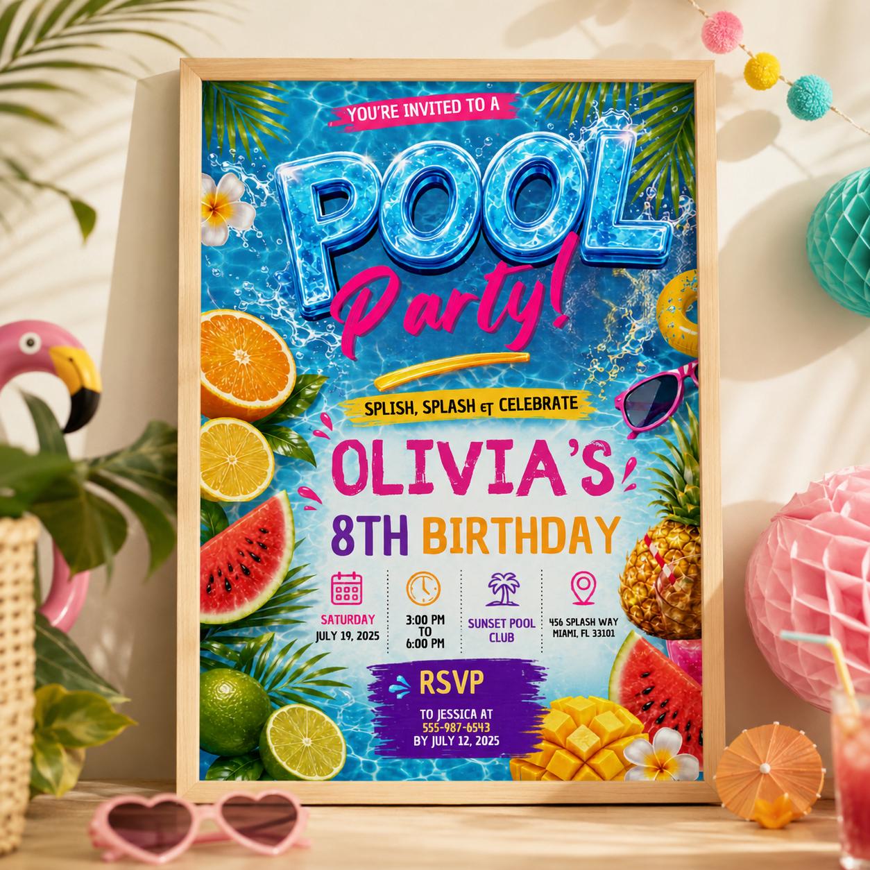 Editable Pool Birthday Invitation Canva Template, Girls Pool Cute Modern Fun Themed DIY Sweet Chic Party Invite, Printable Digital Download.