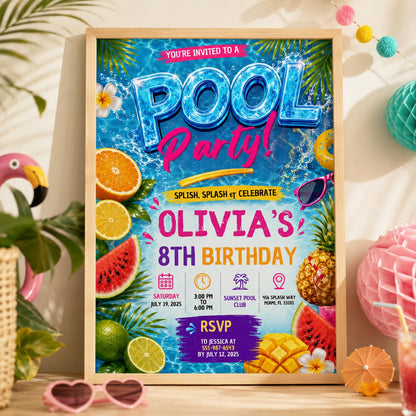 Editable Pool Birthday Invitation Canva Template, Girls Pool Cute Modern Fun Themed DIY Sweet Chic Party Invite, Printable Digital Download.