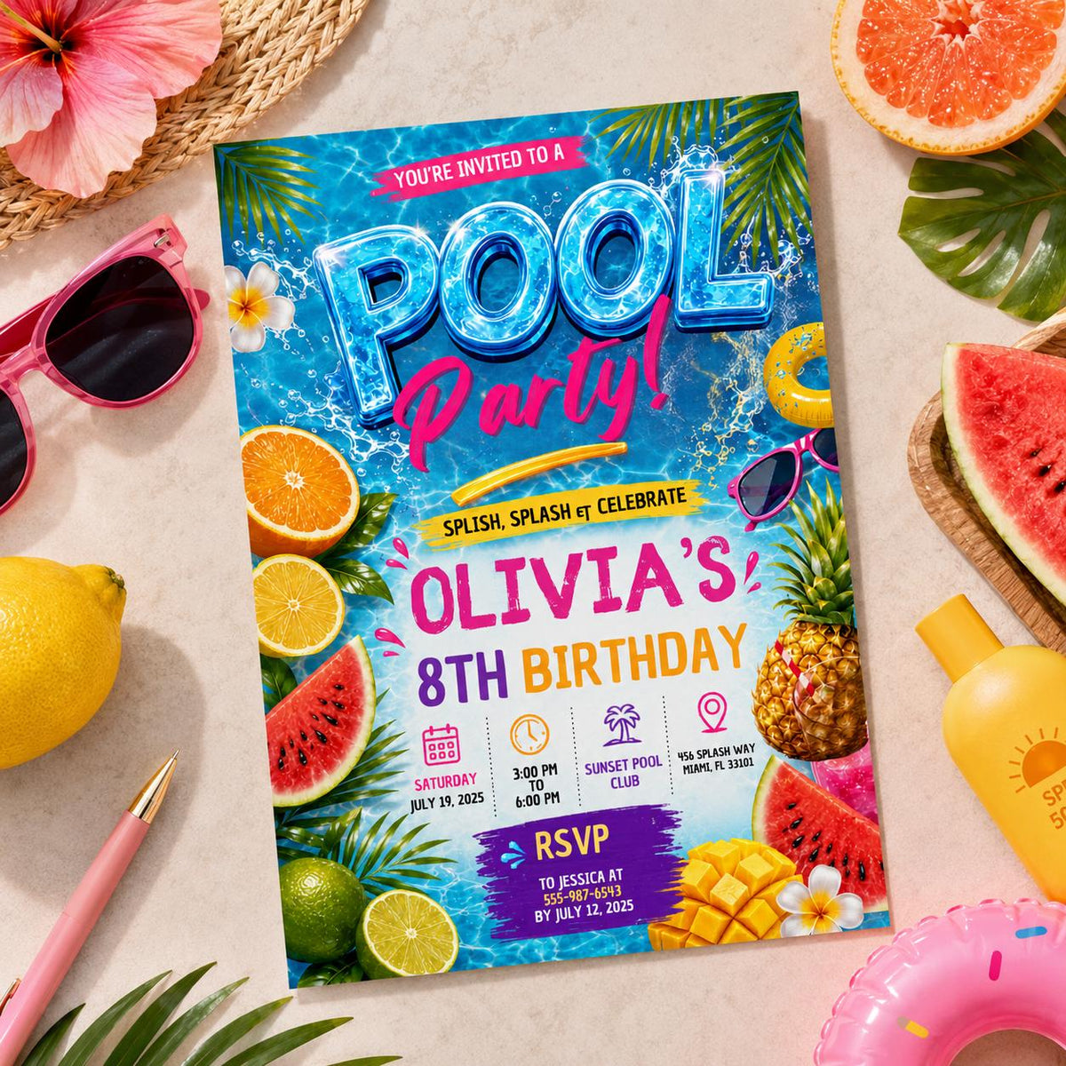 Editable Pool Birthday Invitation Canva Template, Girls Pool Cute Modern Fun Themed DIY Sweet Chic Party Invite, Printable Digital Download.