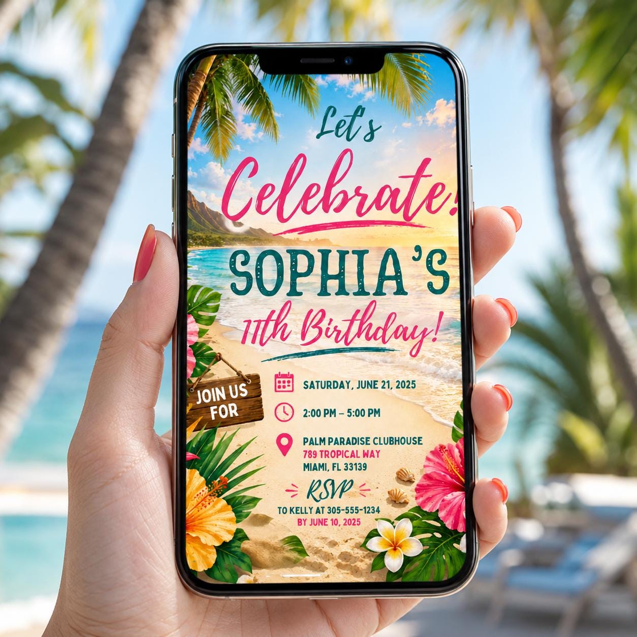 Editable Tropical Birthday Invitation Canva Template, Summer Cute Modern Fun Themed DIY Sweet Chic Party Invite, Printable Digital Download.