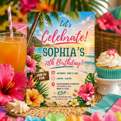 Editable Tropical Birthday Invitation Canva Template, Summer Cute Modern Fun Themed DIY Sweet Chic Party Invite, Printable Digital Download.