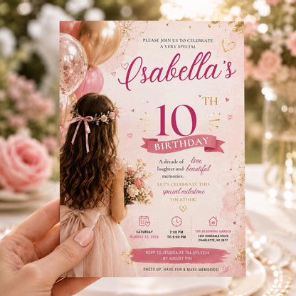 Editable Elegant Birthday Invitation Canva Template, Pink Girls Adult Cute Fun DIY Sweet Chic Kids Party Invite, Printable Digital Download.