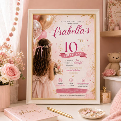 Editable Elegant Birthday Invitation Canva Template, Pink Girls Adult Cute Fun DIY Sweet Chic Kids Party Invite, Printable Digital Download.