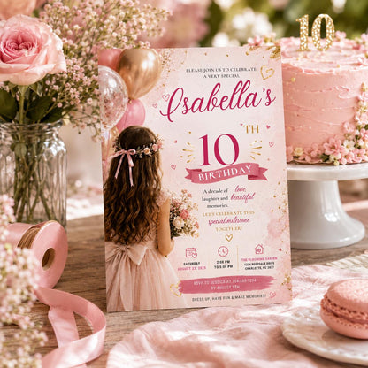 Editable Elegant Birthday Invitation Canva Template, Pink Girls Adult Cute Fun DIY Sweet Chic Kids Party Invite, Printable Digital Download.