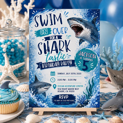 Editable Shark Birthday Invitation Canva Template, Boys Cute Modern Fun Themed DIY Sweet Chic Kids Party Invite, Printable Digital Download.