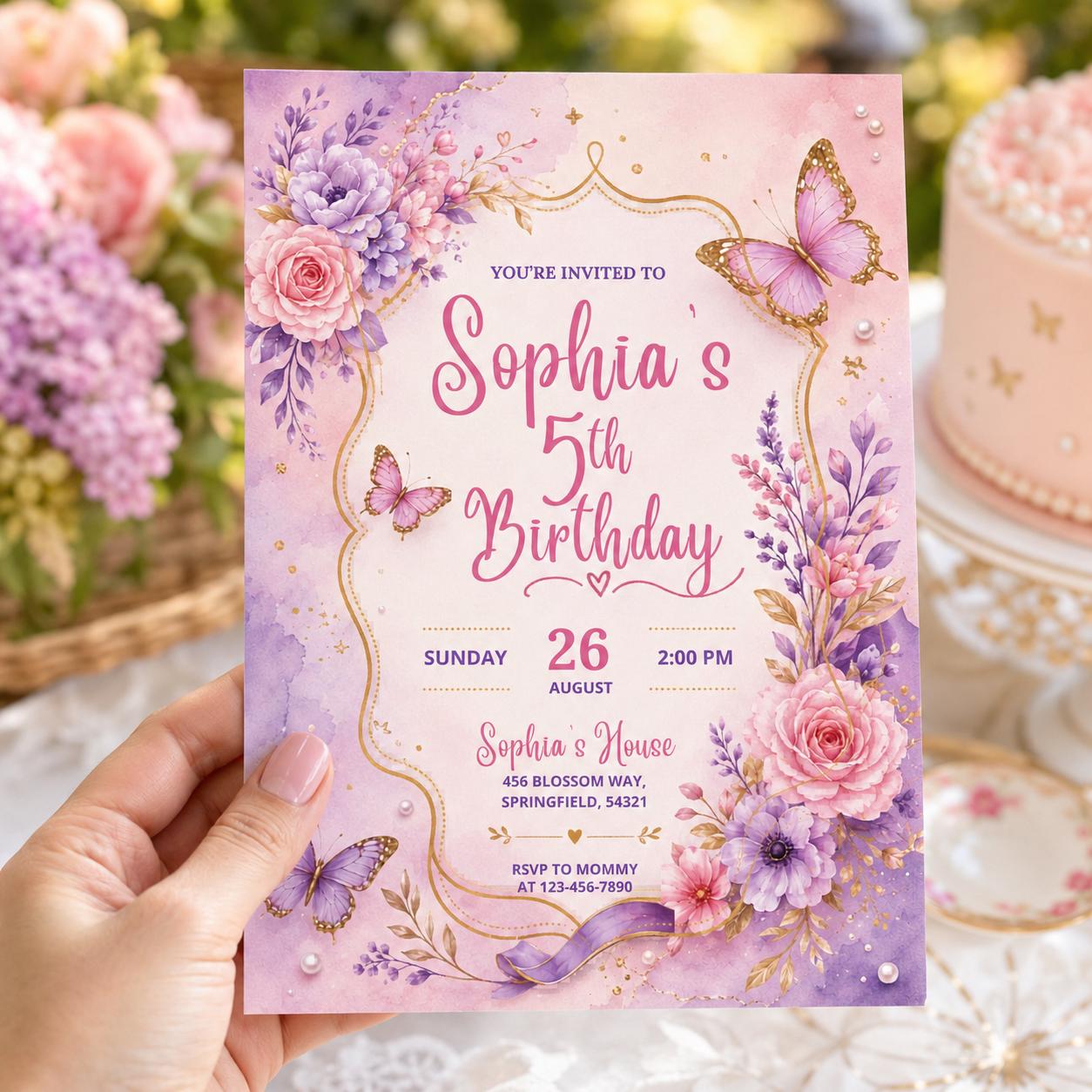 Editable Butterfly Birthday Invitation Canva Template, Pink Purple Floral Kids Cute Modern Fun DIY Party Invite, Printable Digital Download.