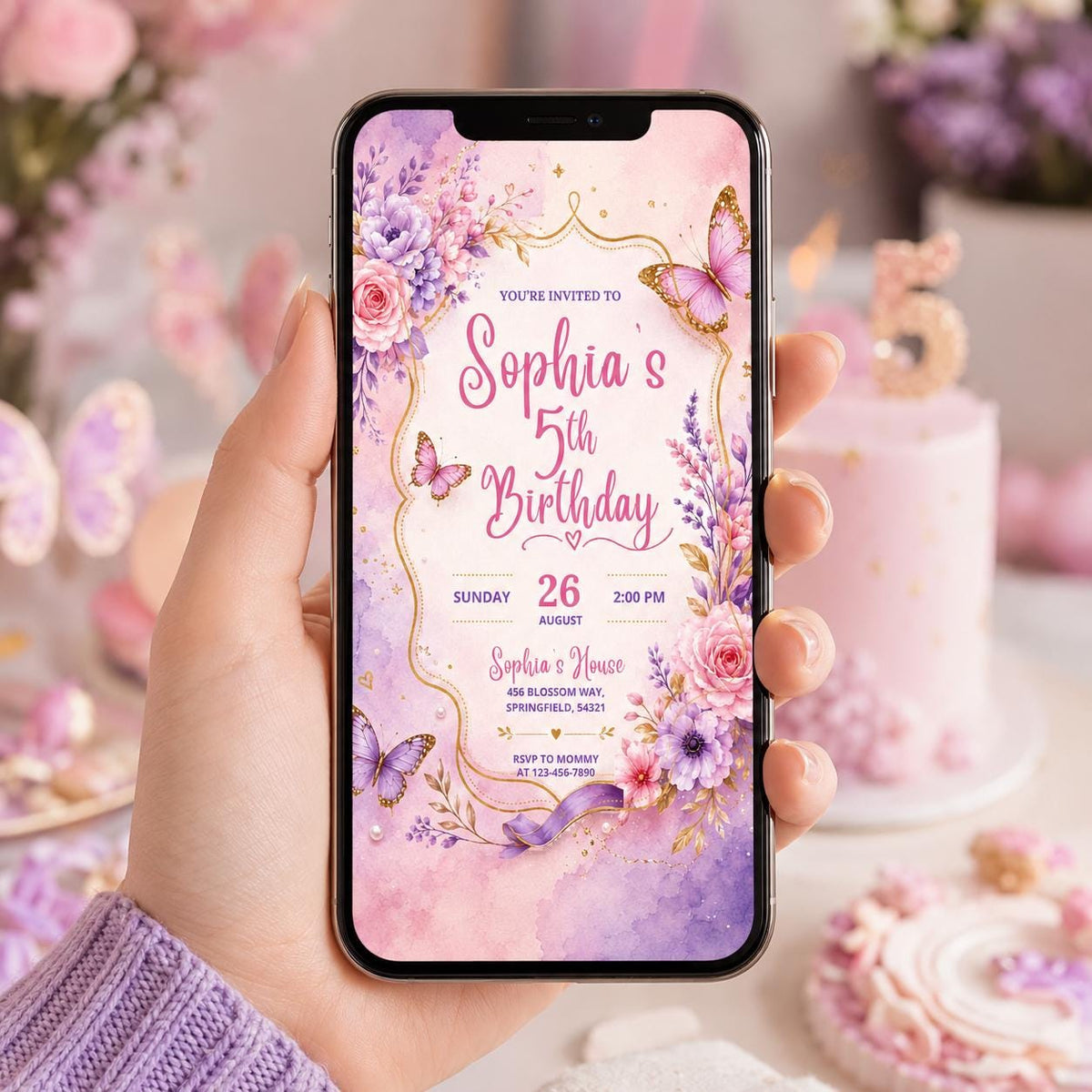 Editable Butterfly Birthday Invitation Canva Template, Pink Purple Floral Kids Cute Modern Fun DIY Party Invite, Printable Digital Download.