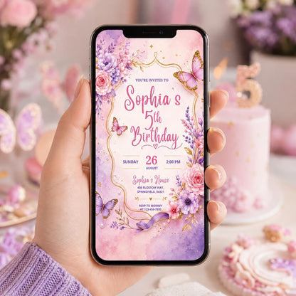 Editable Butterfly Birthday Invitation Canva Template, Pink Purple Floral Kids Cute Modern Fun DIY Party Invite, Printable Digital Download.