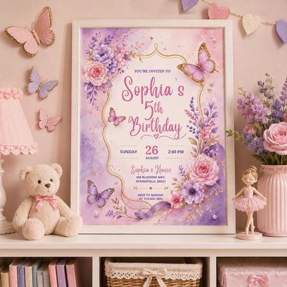 Editable Butterfly Birthday Invitation Canva Template, Pink Purple Floral Kids Cute Modern Fun DIY Party Invite, Printable Digital Download.