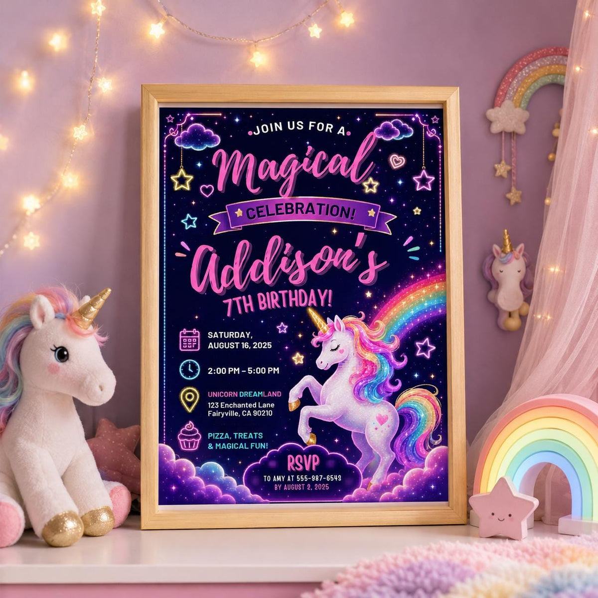 Editable Neon Glow Birthday Invitation Canva Template, Rainbow Girls Kids Neon Cute Modern Fun DIY Party Invite, Printable Digital Download.