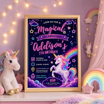 Editable Neon Glow Birthday Invitation Canva Template, Rainbow Girls Kids Neon Cute Modern Fun DIY Party Invite, Printable Digital Download.