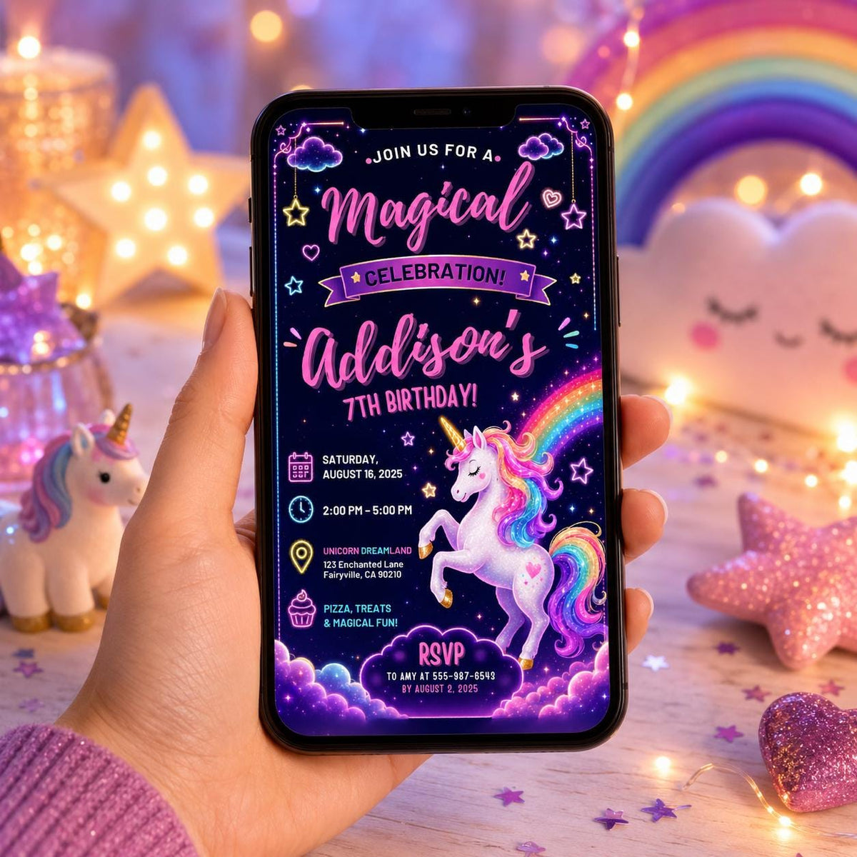Editable Neon Glow Birthday Invitation Canva Template, Rainbow Girls Kids Neon Cute Modern Fun DIY Party Invite, Printable Digital Download.