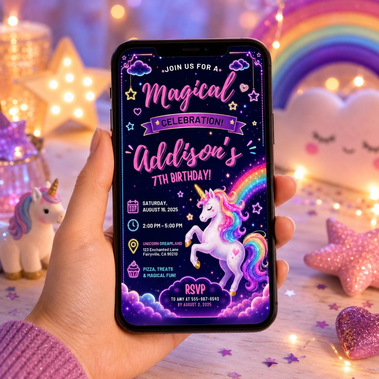 Editable Neon Glow Birthday Invitation Canva Template, Rainbow Girls Kids Neon Cute Modern Fun DIY Party Invite, Printable Digital Download.