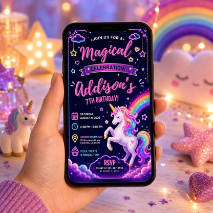 Editable Neon Glow Birthday Invitation Canva Template, Rainbow Girls Kids Neon Cute Modern Fun DIY Party Invite, Printable Digital Download.