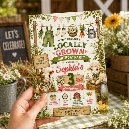 Editable Farmers Market Baby Shower Invitation Canva Template, Green Floral Kids Cute Fun DIY Chic Party Invite, Printable Digital Download.