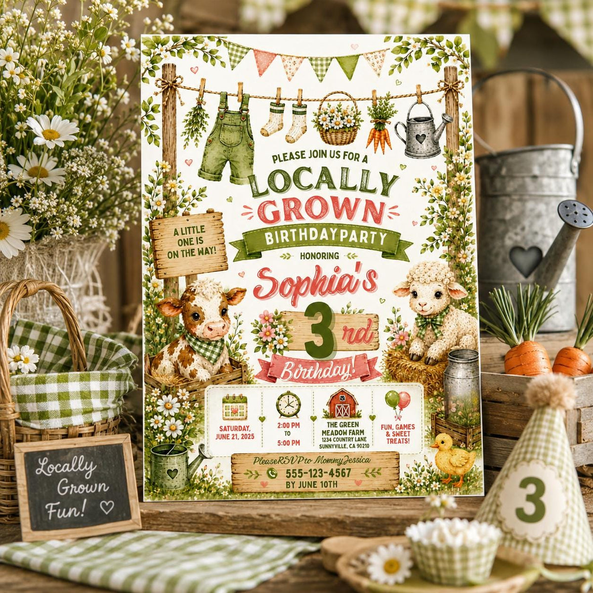 Editable Farmers Market Baby Shower Invitation Canva Template, Green Floral Kids Cute Fun DIY Chic Party Invite, Printable Digital Download.