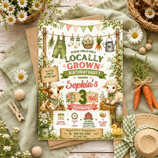 Editable Farmers Market Baby Shower Invitation Canva Template, Green Floral Kids Cute Fun DIY Chic Party Invite, Printable Digital Download.