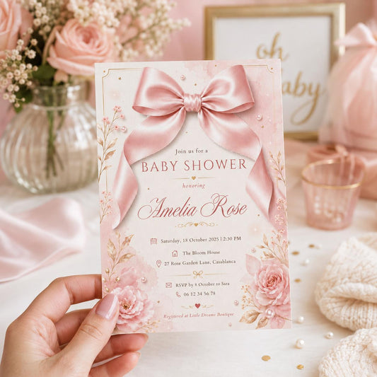 Editable Pink Bow Birthday Invitation Canva Template, Floral Girls Kids Bow Cute Fun DIY Chic Teen Party Invite, Printable Digital Download.