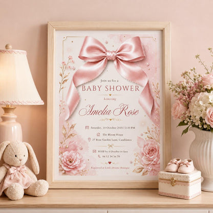 Editable Pink Bow Birthday Invitation Canva Template, Floral Girls Kids Bow Cute Fun DIY Chic Teen Party Invite, Printable Digital Download.