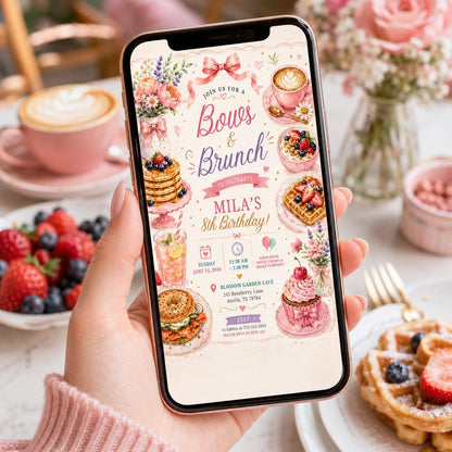 Editable Pink Bow Birthday Invitation Canva Template, Girls Adult Bow Cute Fun DIY Sweet Chic Kids Party Invite, Printable Digital Download.