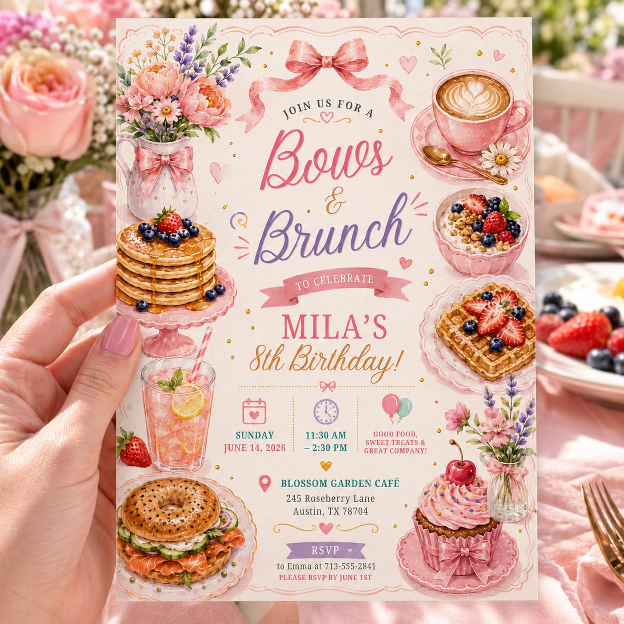 Editable Pink Bow Birthday Invitation Canva Template, Girls Adult Bow Cute Fun DIY Sweet Chic Kids Party Invite, Printable Digital Download.