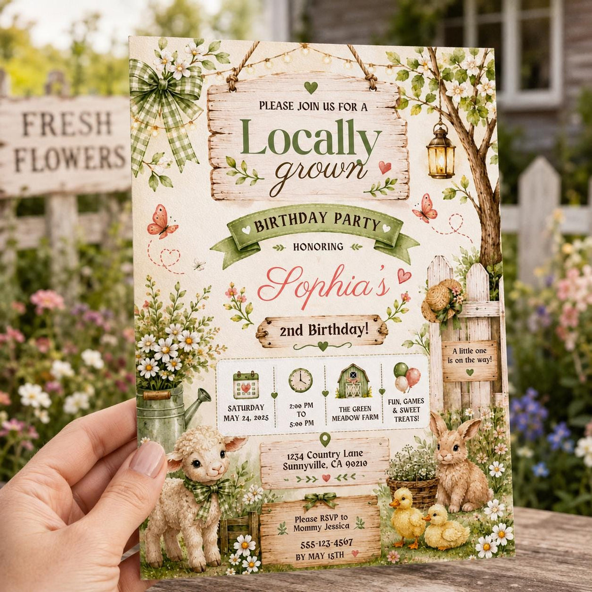 Editable Farmers Market Baby Shower Invitation Canva Template, Green Floral Kids Cute Fun DIY Chic Party Invite, Printable Digital Download.
