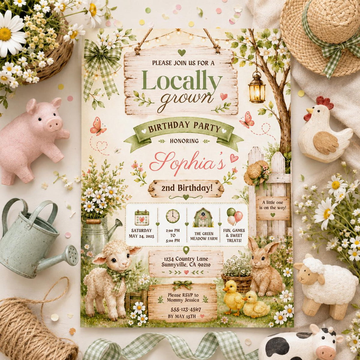 Editable Farmers Market Baby Shower Invitation Canva Template, Green Floral Kids Cute Fun DIY Chic Party Invite, Printable Digital Download.