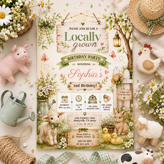 Editable Farmers Market Baby Shower Invitation Canva Template, Green Floral Kids Cute Fun DIY Chic Party Invite, Printable Digital Download.