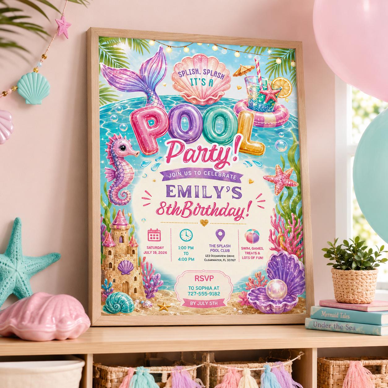 Editable Pool Birthday Invitation Canva Template, Pastel Glitter Girls Kids Pool Cute Fun DIY Chic Party Invite, Printable Digital Download.