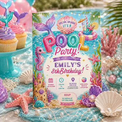 Editable Pool Birthday Invitation Canva Template, Pastel Glitter Girls Kids Pool Cute Fun DIY Chic Party Invite, Printable Digital Download.