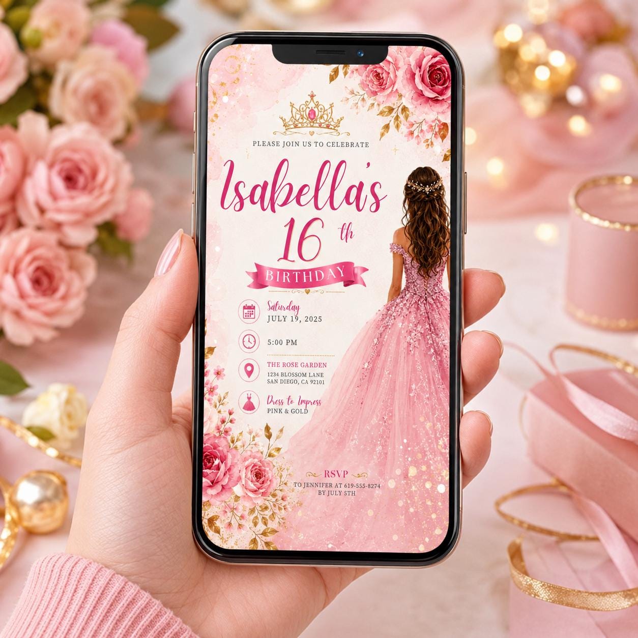 Editable Sweet Treats Birthday Invitation Canva Template, Pink Gold Luxury Sweet Cute Fun DIY Chic Party Invite, Printable Digital Download.