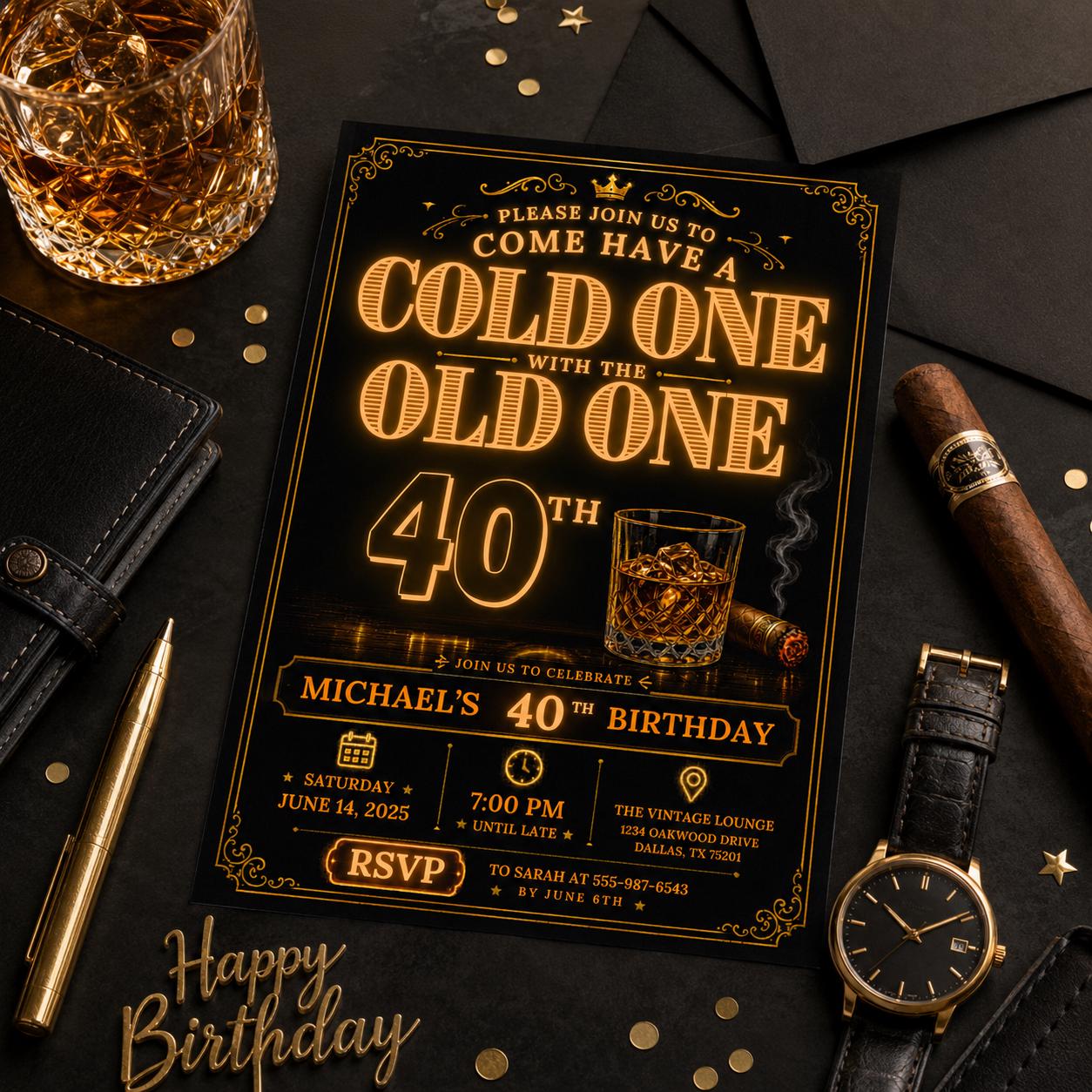 Editable 40th Birthday Invitation Canva Template, Boys Adult Cute Modern Fun Themed DIY Sweet Chic Party Invite, Printable Digital Download.