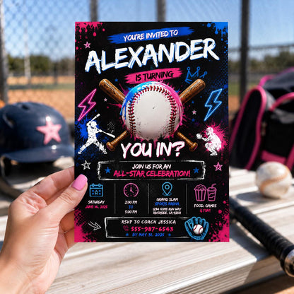 Editable Baseball Drip Birthday Invitation Canva Template, Cream Boys Kids Cute Fun DIY Sweet Chic Party Invite, Printable Digital Download.