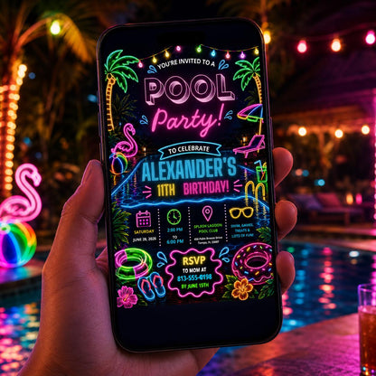 Editable Pool Birthday Invitation Canva Template, Neon Boys Pool Cute Fun DIY Sweet Chic Kids Teen Party Invite, Printable Digital Download.