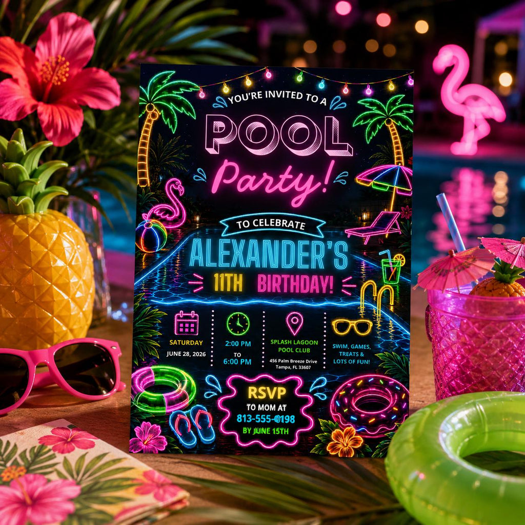 Editable Pool Birthday Invitation Canva Template, Neon Boys Pool Cute Fun DIY Sweet Chic Kids Teen Party Invite, Printable Digital Download.