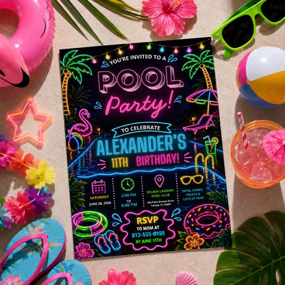 Editable Pool Birthday Invitation Canva Template, Neon Boys Pool Cute Fun DIY Sweet Chic Kids Teen Party Invite, Printable Digital Download.