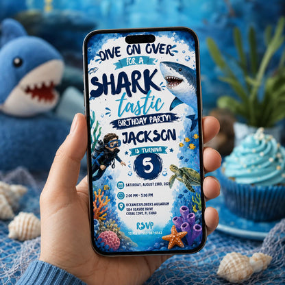 Editable Sharktastic Birthday Invitation Canva Template, Cute Modern Fun Themed DIY Chic Kids Teen Party Invite, Printable Digital Download.
