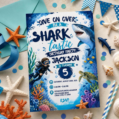 Editable Sharktastic Birthday Invitation Canva Template, Cute Modern Fun Themed DIY Chic Kids Teen Party Invite, Printable Digital Download.